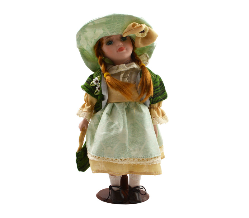 Porcelánová bábika Zelený klobúčik 31 cm
