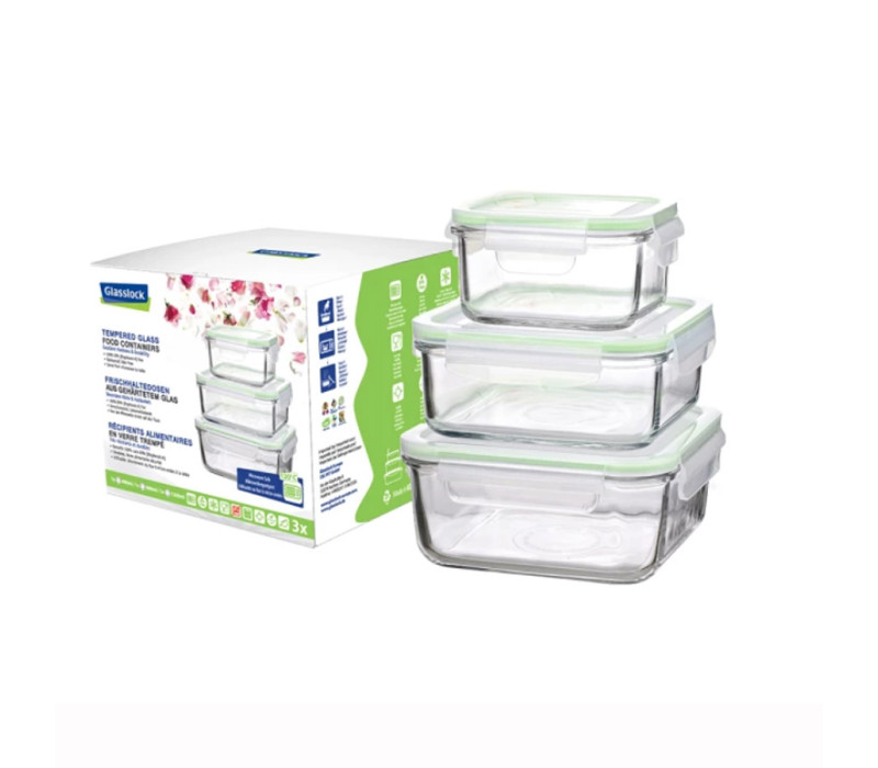 GLASSLOCK Sada sklenených dóz štvorcové (3ks) 1x490ml 1x900ml 1x1200ml GLASSLOCK Sada sklenených dóz štvorcové (3ks) 1x490ml 1x900ml 1x1200ml